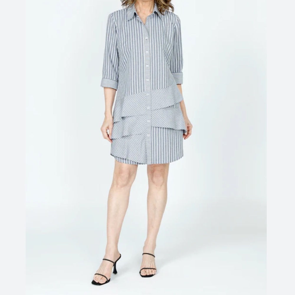 Hope & Harlow blue Striped Button-Down long sleeve Dress ruffle skirt size 8